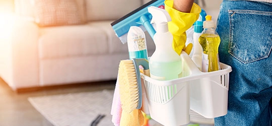 someone holding cleaning supplies