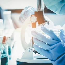 Physician using microscope.