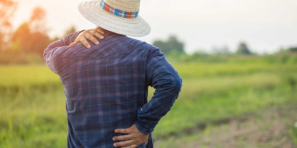 farmer holding back looking in field